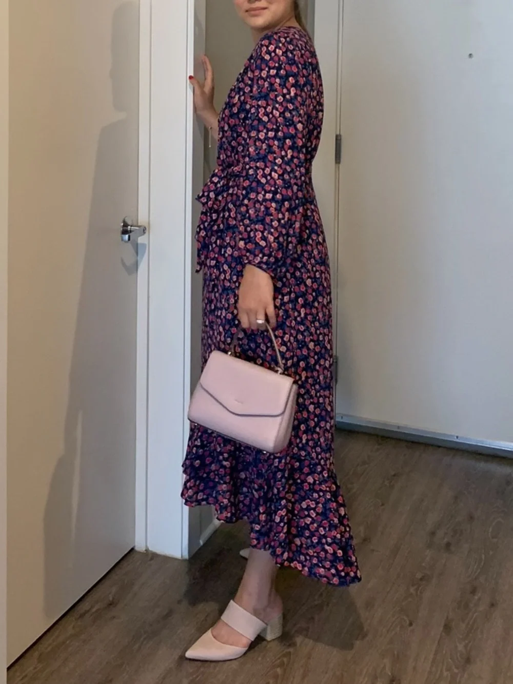 J. Crew Navy Pink Floral High-Low Midi Faux Wrap Dress
